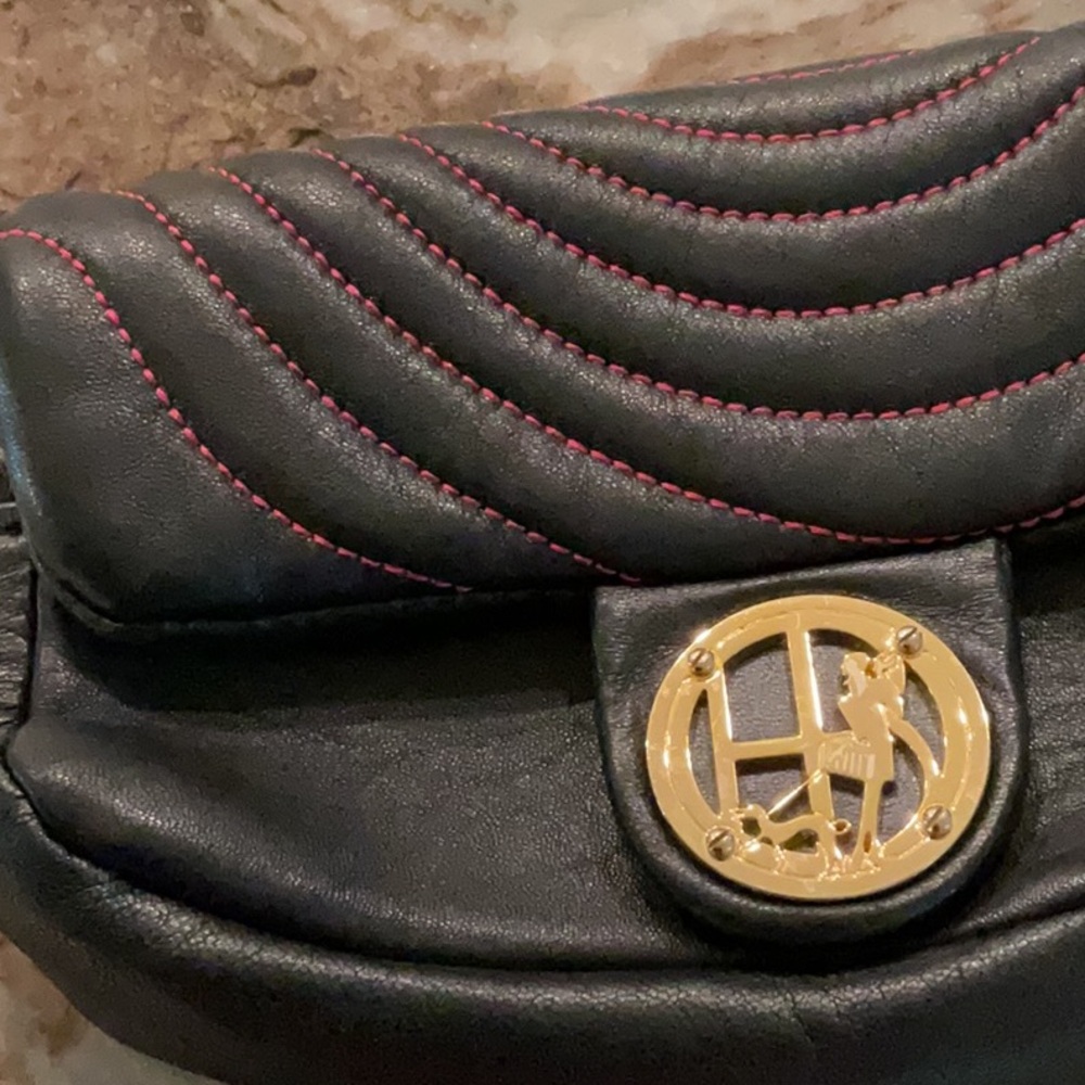 Henri Bendel black with pink stitching wristlet, gold hardware - Picture 3 of 8